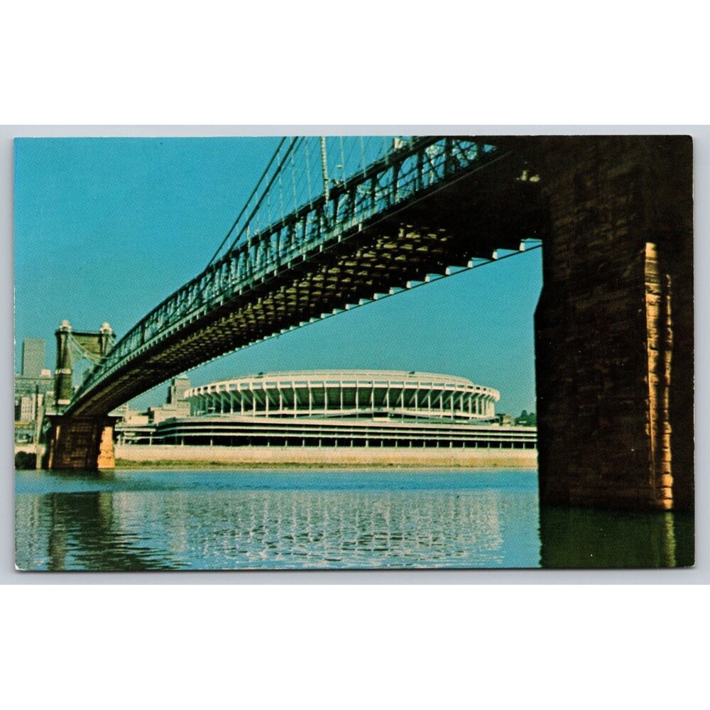 Vintage Postcard Cincinnati Ohio Riverfront Stadium Roebling Suspension Bridge